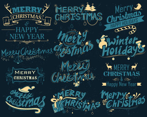 Sticker - Merry Christmas and Winter Holiday Lettering Design Set typography style greeting background