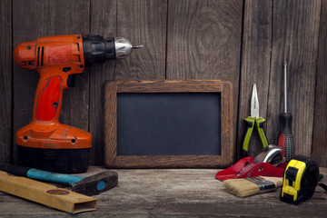 Poster - Working tools on wooden rustic background