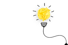 Creative Idea, Inspiration, New Idea And Innovation Concept With Crumpled Paper Light Bulb On White Background.