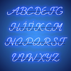 Wall Mural - glowing blue neon script font with uppercase letters from a to z with wires, tubes, brackets and hol