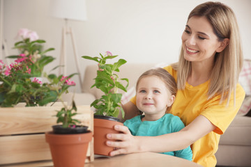 Wall Mural - Cute little girl with mother taking care of plants indoors