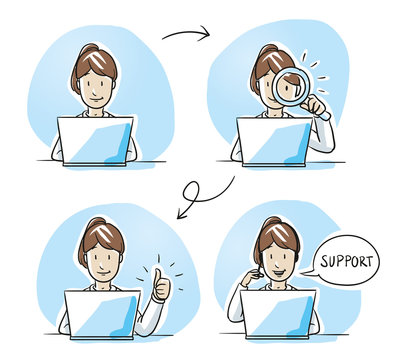 Modern business woman looking happy, working on her laptop, verifying, checking and talking on the phone. Hand drawn cartoon sketch vector illustration, whiteboard marker style coloring.
