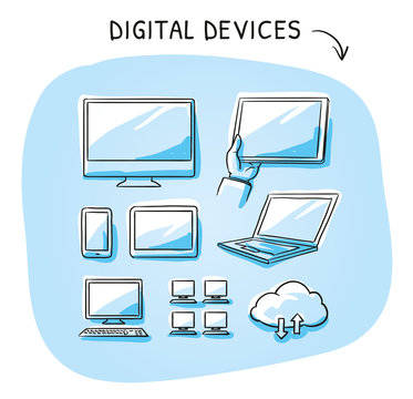 Set with different computer and mobile device icons as phone, tablet, laptop, server, desktop, cloud. Hand drawn sketch vector illustration, blue marker style coloring on single blue tiles. 