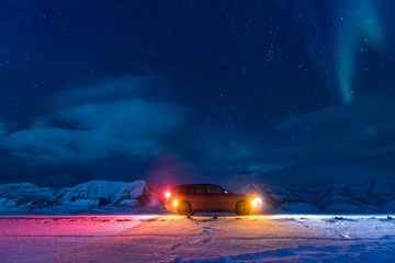 Wall Mural - the polar arctic northern lights aurora borealis sky star in norway svalbard in longyearbyen city ca