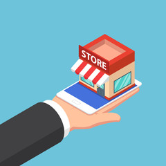 Poster - Isometric businessman hands holding tablet with shopping store.