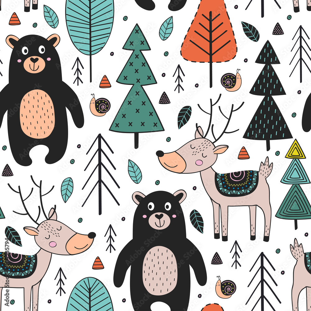 Photo seamless pattern with animals in forest  Scandinavian style - vector illustratio