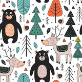seamless pattern with animals in forest  Scandinavian style - vector illustration, eps