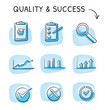 Icon set of quality and rating as growth charts, check lists and a magnifying glass in different variations. Hand drawn sketch vector illustration, blue marker style coloring on single blue tiles.