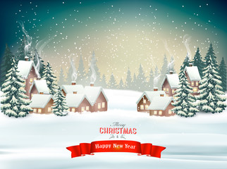 Poster - Holiday Christmas background with a winter village and  trees. Vector.