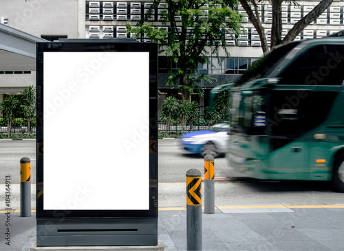Download Vertical Blank Billboard At Bus Stop Outdoor Advertise On Street Mock Up The Poster On The Road With Motion Moving Bus Stock Photo Adobe Stock