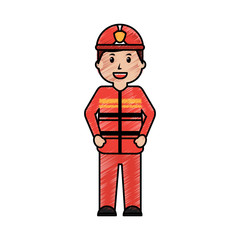 Poster - standing happy firefighter worker with uniform and helmet vector illustration drawing image