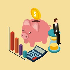 Wall Mural - businessman sitting in clock piggy coin graph and calculator isometric vector illustration