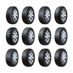 Car tires vector 3d isolated icons with tread pattern