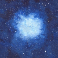 Watercolor hand painted illustration of the space with bright blue nebula and shiny stars. Cosmic background.