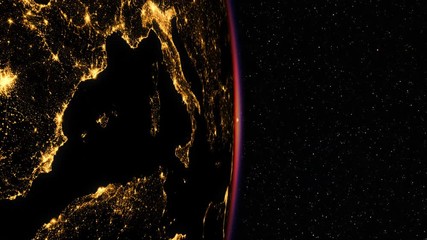 Wall Mural - sunrise in space. amazing night view on european zone of planet earth. highly detaled 3d animation. 