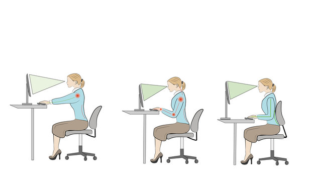 Correct sitting at desk posture ergonomics advices for office workers: how to sit at desk when using a computer 