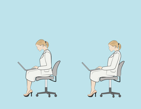 correct positions for working with a laptop. vector illustration.