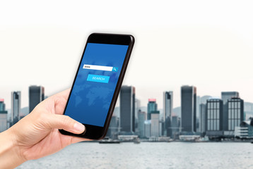 Poster - search button and address bar on mobile screen with woman holding mobile phone searching for data on browser with apps at cityscape view,search engine optimization (seo) concept.
