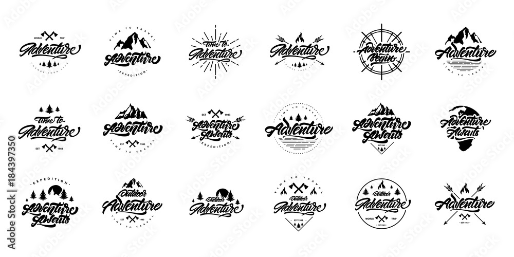 Big black and white Adventure lettering set logos. Vintage logos with mountains, bonfires and arrows. Adventure logo design. Vector logos for your design. - obrazy, fototapety, plakaty 