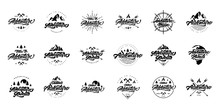 Big Black And White Adventure Lettering Set Logos. Vintage Logos With Mountains, Bonfires And Arrows. Adventure Logo Design. Vector Logos For Your Design.