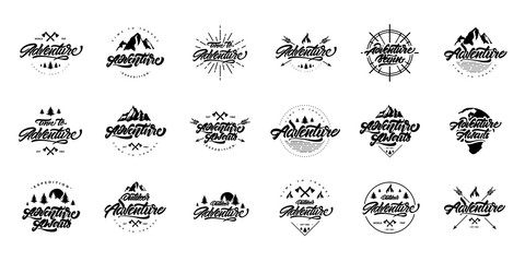 big black and white adventure lettering set logos. vintage logos with mountains, bonfires and arrows