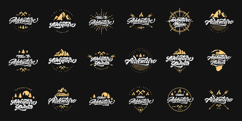 Big Adventure lettering set logos with gold illustrations. Vintage logos with mountains, bonfires and arrows. Adventure logo design. Vector logos for your design.