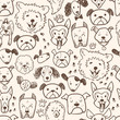 Funny doodle dog icons seamless pattern. Hand drawn pet, kid dra