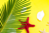 Fototapeta Mapy - Tropical Background Palm Trees Branches with blurred starfish on yellow background. Holiday. Travel. Copy space.