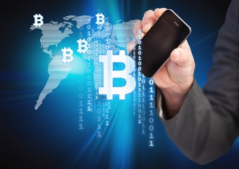 Poster - Bitcoin icons on world map and hand holding phone