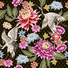 Seamless Pattern From Painted Aster Flowers And White Cranes. Japanese Style. For Textile Design Or Printing.