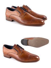 Sticker - Male brown leather elegant shoe on white background, isolated product, footwear.