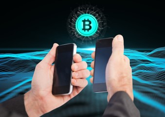 Poster - Hands holding phones with bitcoin icons