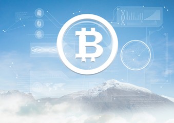 Poster - Bitcoin glass circle icon and snow mountain interface