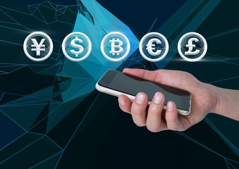 Poster - Currency icons and hand holding phone