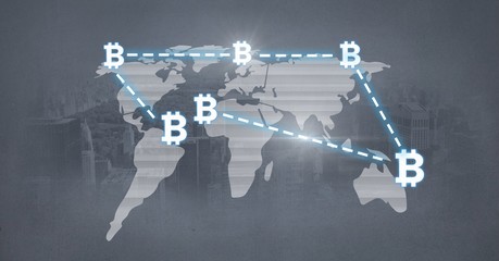 Poster - bitcoin icons network connecting on world map