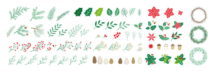 set of christmas elements for typographic design. leaves, branches, berries, pine cones and a round 