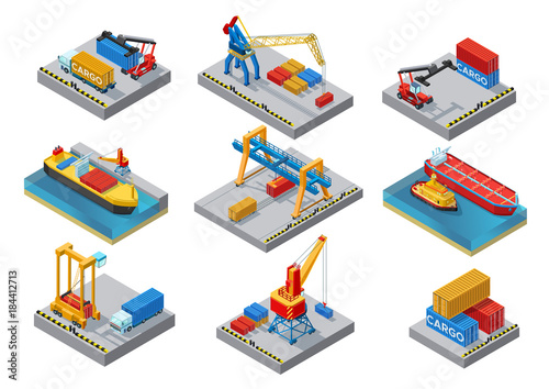 Isometric Sea Port Elements Set