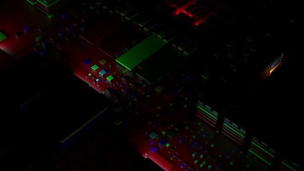 Poster - 3d abstract technology background. Complex block structure with random lights. Tech concept render. Loopable sequence.
