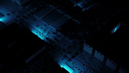 Poster - 3d abstract technology background. Complex block structure with random lights. Tech concept render. Loopable sequence.
