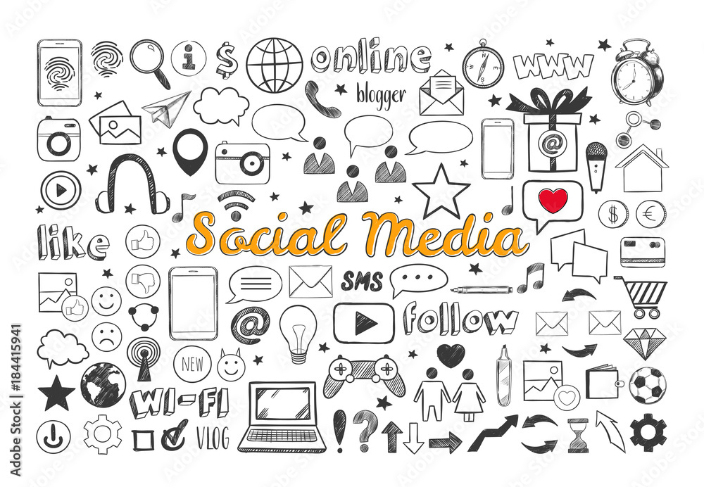 Social Media icons set. Vector hand drawn isolated objects. Doodle and ...