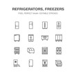 Refrigerators flat line icons. Fridge types, freezer, wine cooler, commercial major appliance, refrigerated display case. Thin linear signs for household equipment shop. Pixel perfect 64x64.