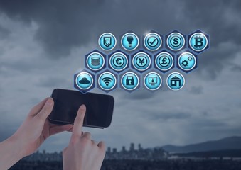 Poster - hand holding phone over city and business icons