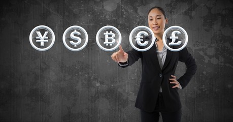 Poster - Businesswoman touching  bitcoin graphic icon and money