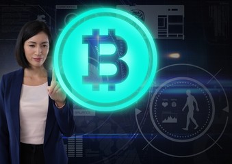Poster - Businesswoman touching bitcoin graphic icon
