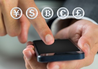 Poster - Currency icons and hand touching phone