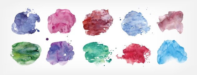 Poster - Collection of stains hand painted with watercolor isolated on white background. Bundle of paint blots of different shape and color. Set of aquarelle design elements. Colorful vector illustration.