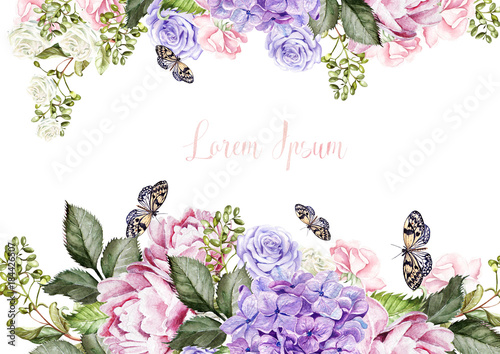 Beautiful  wedding card, invitation with hudrangea, peony flowers and rose.