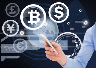 Poster - Currency and bit coin icons and hand holding phone