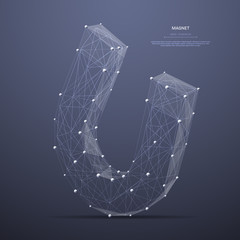 Poster - Polygonal magnet low poly wireframe. Business concept. Vector mesh spheres from flying debris. Thin line concept. Gray structure style illustration