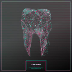 Poster - Vector distorted glitch concept. Tv distortion 3D effect stereoscopic, tooth low poly. Technological virtual green and red channels. Digital networking concept with anaglyph effect. 3d rendering